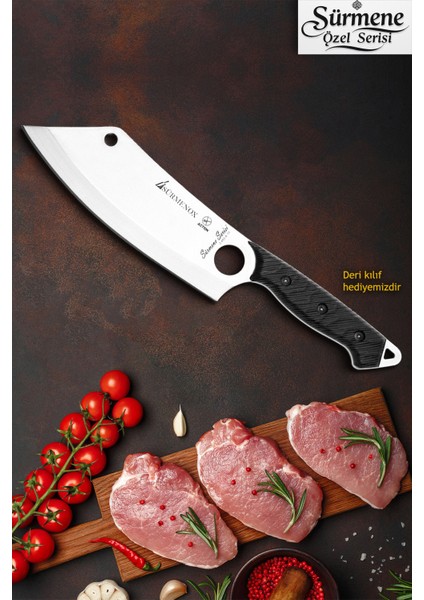 Sürmene Serisi Action Mutfak Şef Bıçağı Bıçak Kamp Bıçağı Deri Kılıflı Siyah Verzalit Sap HDS-137