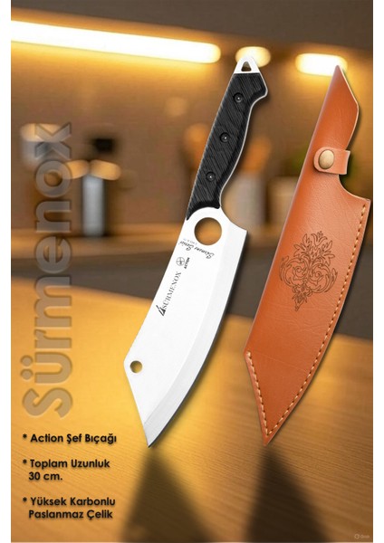 Sürmene Serisi Action Mutfak Şef Bıçağı Bıçak Kamp Bıçağı Deri Kılıflı Siyah Verzalit Sap HDS-137 fiyatları