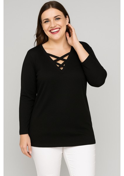 Büyük Beden V Yaka Çapraz Bantlı Uzun Kol Bluz