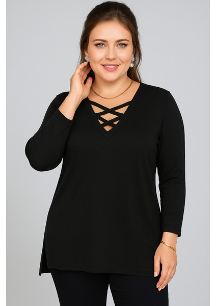 Büyük Beden V Yaka Çapraz Bantlı Uzun Kol Bluz fiyatları