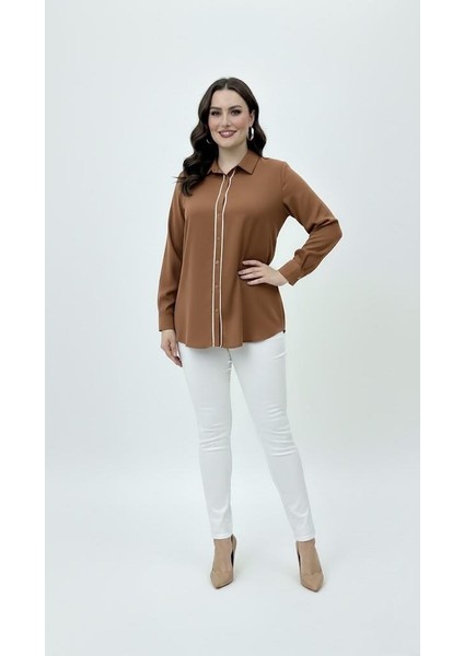 Kadın Büyük Beden Uzun Kollu Önde Ara Biye Detaylı Dökümlü Kumaş Gömlek 1991