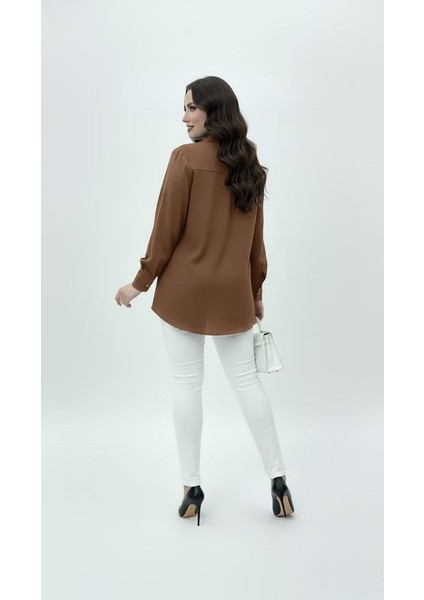 Kadın Büyük Beden Uzun Kollu Önde Ara Biye Detaylı Dökümlü Kumaş Gömlek 1991 modelleri