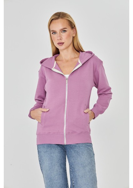 Kadın Tam Fermuarlı Kapüşonlu Pamuklu Eşofman Üstü Lila 9508-L modelleri