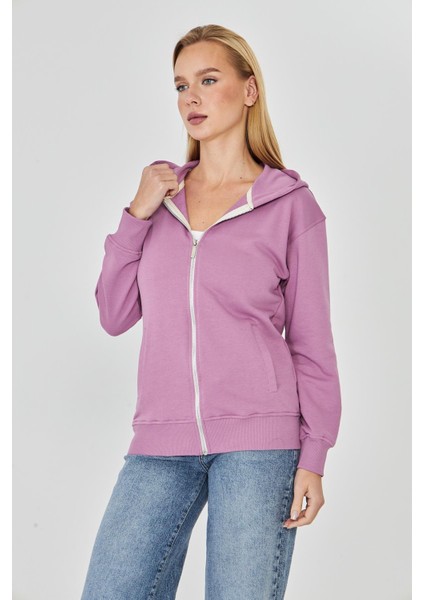 Kadın Tam Fermuarlı Kapüşonlu Pamuklu Eşofman Üstü Lila 9508-L fırsatları