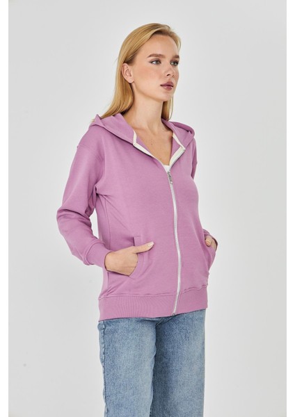 Kadın Tam Fermuarlı Kapüşonlu Pamuklu Eşofman Üstü Lila 9508-L indirimleri