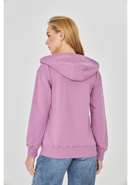 Kadın Tam Fermuarlı Kapüşonlu Pamuklu Eşofman Üstü Lila 9508-L