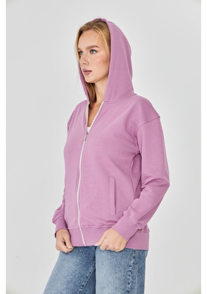 Kadın Tam Fermuarlı Kapüşonlu Pamuklu Eşofman Üstü Lila 9508-L