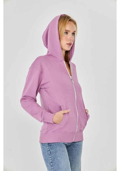 Kadın Tam Fermuarlı Kapüşonlu Pamuklu Eşofman Üstü Lila 9508-L