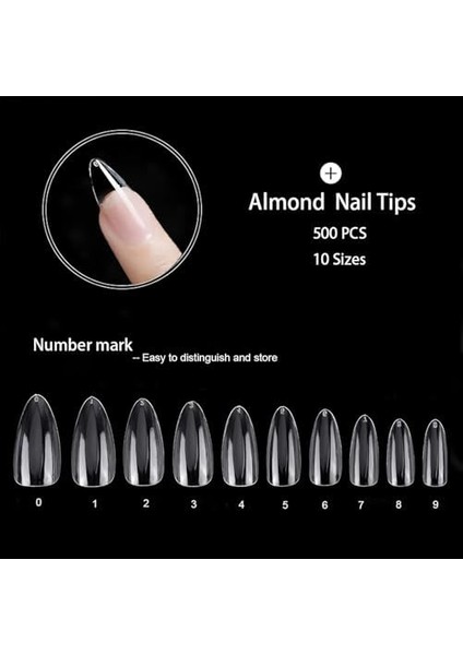 Aputue Takma Tırnaklar, 500 Adet Şeffaf Tabut Uçlu Takma Tırnak, Akrilik Tam Kaplama Takma Tırnak Seti, Kutusu ile Birlikte, Poli Tırnak Uzatma ve Tırnak Sanatı Için, 10 Farklı Boyut (Orta Badem) modelleri