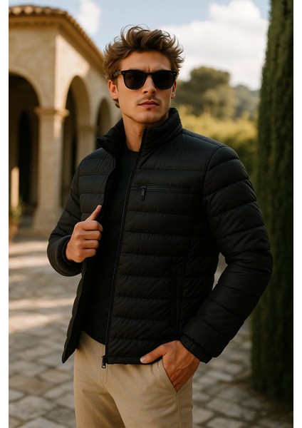 Erkek Comfort Dik Yaka Günlük Kışlık Siyah Şişme Mont