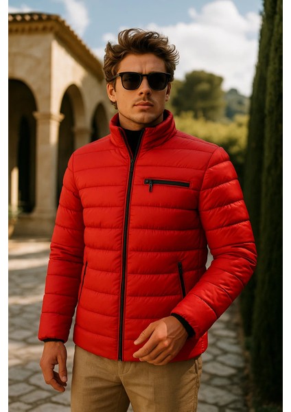 Erkek Comfort Dik Yaka Günlük Kışlık Kırmızı Şişme Mont