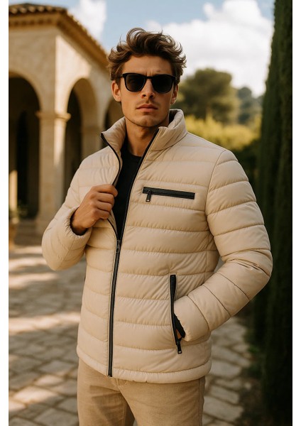 Erkek Comfort Dik Yaka Günlük Kışlık Krem Şişme Mont