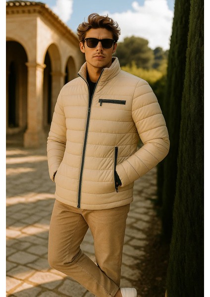 Erkek Comfort Dik Yaka Günlük Kışlık Krem Şişme Mont modelleri