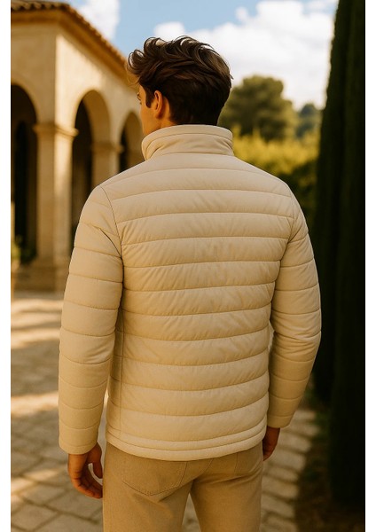 Erkek Comfort Dik Yaka Günlük Kışlık Krem Şişme Mont