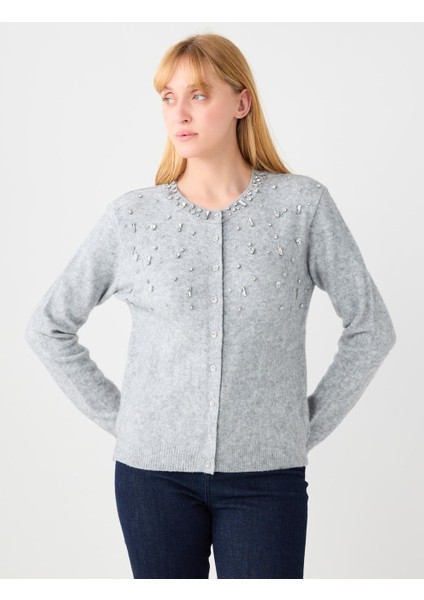 Grı Yuvarlak Yaka Parlak Taş Detaylı Triko Hırka