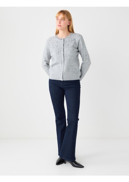 Grı Yuvarlak Yaka Parlak Taş Detaylı Triko Hırka fiyatları