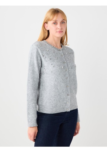 Grı Yuvarlak Yaka Parlak Taş Detaylı Triko Hırka fırsatları