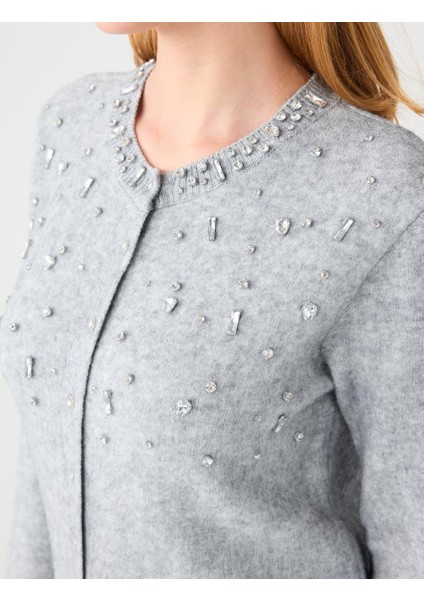 Grı Yuvarlak Yaka Parlak Taş Detaylı Triko Hırka indirimleri