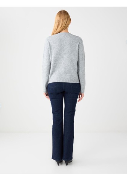 Grı Yuvarlak Yaka Parlak Taş Detaylı Triko Hırka