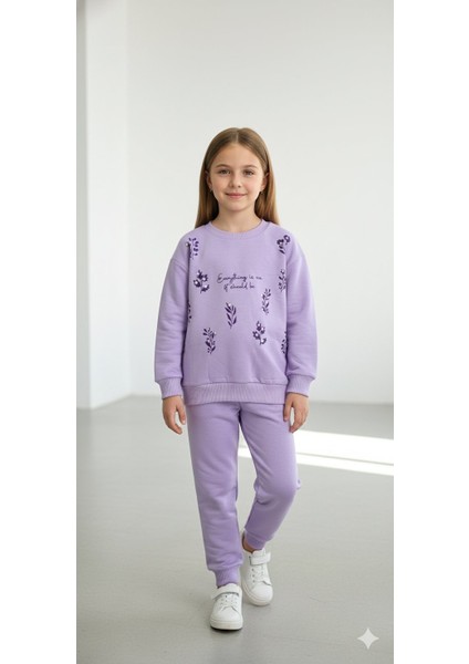 Baskılı Kız Çocuk Eşofman Takımı / %100 Pamuk Günlük Spor Sweatshirt ve Alt I Kız Çocuk Takım