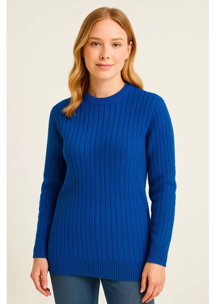 Bisiklet Yuvarlak Yaka Triko Kazak Pamuklu Kalın Fitilli Dokuma, Regular Fit Uzun Kollu Kışlık Model - Saks Mavisi modelleri