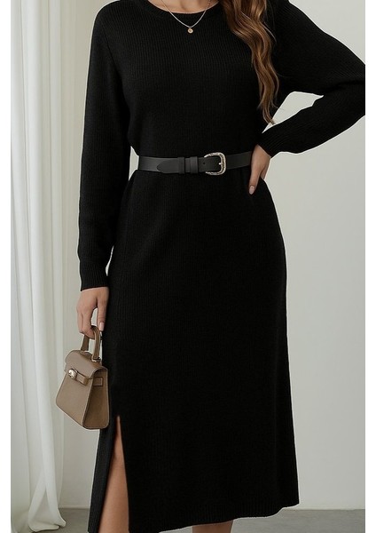 Kadın Uzun Kollu Bisiklet Yaka Yandan Yırtmaçlı Midi Triko Elbise fiyatları