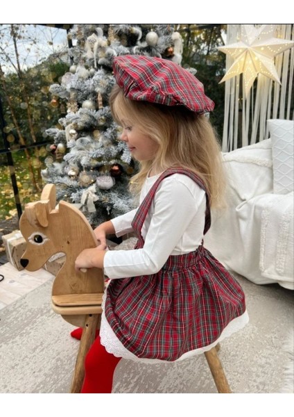 Kız Çocuk Yılbaşı/noel Konseptli 3'lü Ekose Takım: Askılı Etek, Beyaz Bluz ve Bere Seti modelleri