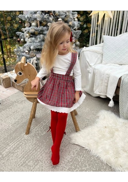 Kız Çocuk Yılbaşı/noel Konseptli 3'lü Ekose Takım: Askılı Etek, Beyaz Bluz ve Bere Seti fırsatları
