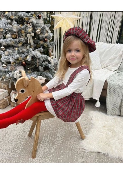 Kız Çocuk Yılbaşı/noel Konseptli 3'lü Ekose Takım: Askılı Etek, Beyaz Bluz ve Bere Seti indirimleri