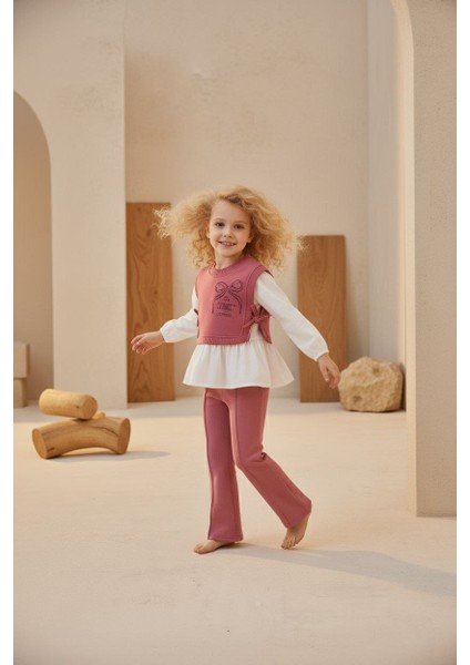 Kız Çocuk Pembe Fırfırlı Ikili Takım I Bluz ve Ispanyol Paça Pantolon I Gömlek Süveter Eşofman Takım