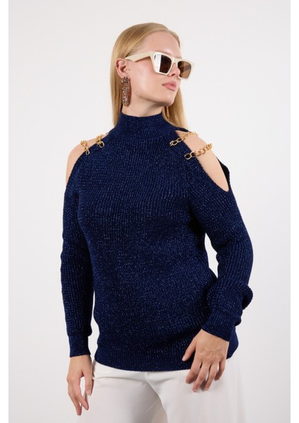 Kadın Koyu Laci Zincir Detaylı Omuz Dekolteli Yarım Balıkçı Yaka Simli Triko Kazak