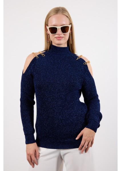 Kadın Koyu Laci Zincir Detaylı Omuz Dekolteli Yarım Balıkçı Yaka Simli Triko Kazak fiyatları