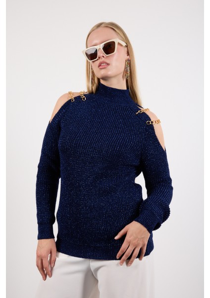 Kadın Koyu Laci Zincir Detaylı Omuz Dekolteli Yarım Balıkçı Yaka Simli Triko Kazak fırsatları