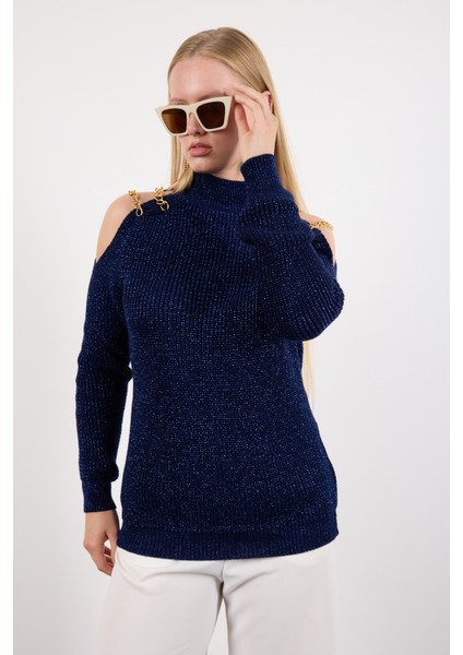 Kadın Koyu Laci Zincir Detaylı Omuz Dekolteli Yarım Balıkçı Yaka Simli Triko Kazak indirimleri