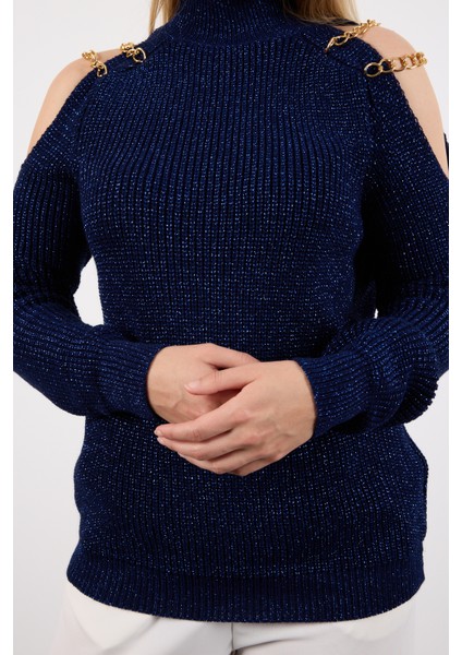 Kadın Koyu Laci Zincir Detaylı Omuz Dekolteli Yarım Balıkçı Yaka Simli Triko Kazak