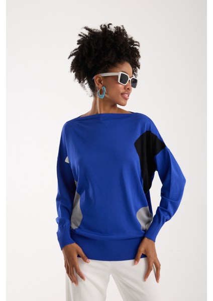 Kadın Saks Mavisi Viskon Kumaş Renk Bloklu Kayık Yaka Triko Bluz