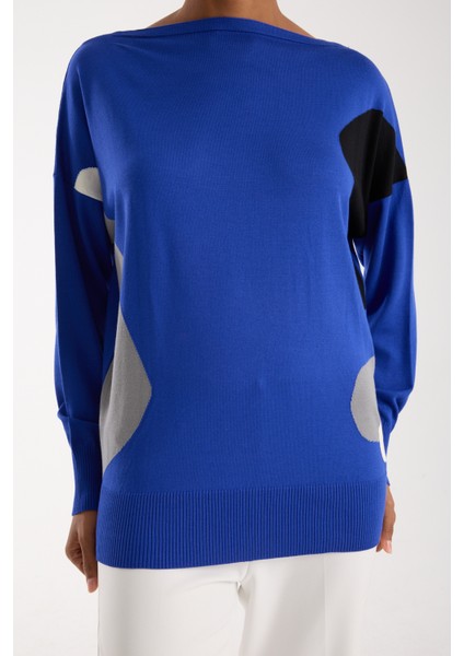 Kadın Saks Mavisi Viskon Kumaş Renk Bloklu Kayık Yaka Triko Bluz modelleri