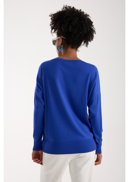 Kadın Saks Mavisi Viskon Kumaş Renk Bloklu Kayık Yaka Triko Bluz indirimleri