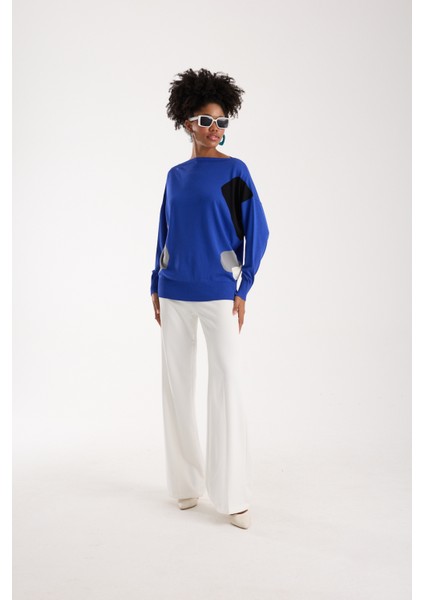 Kadın Saks Mavisi Viskon Kumaş Renk Bloklu Kayık Yaka Triko Bluz