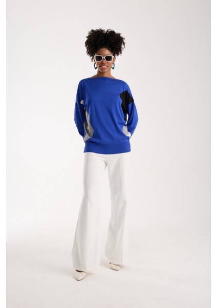 Kadın Saks Mavisi Viskon Kumaş Renk Bloklu Kayık Yaka Triko Bluz