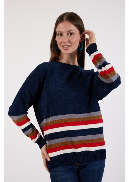 Kadın Koyu Laci Çizgili Bisiklet Yaka Şönil Kadife Triko Kazak