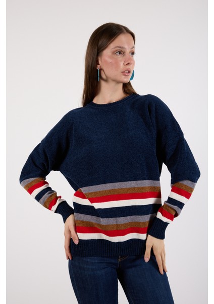 Kadın Koyu Laci Çizgili Bisiklet Yaka Şönil Kadife Triko Kazak fiyatları