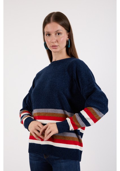 Kadın Koyu Laci Çizgili Bisiklet Yaka Şönil Kadife Triko Kazak modelleri