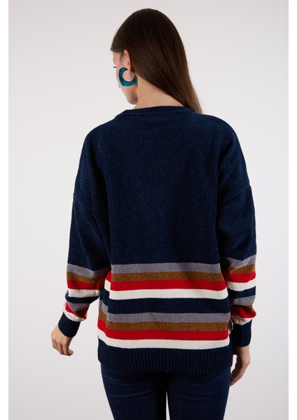 Kadın Koyu Laci Çizgili Bisiklet Yaka Şönil Kadife Triko Kazak fırsatları