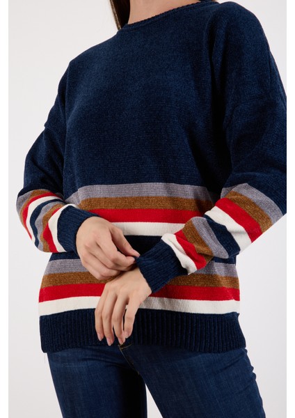 Kadın Koyu Laci Çizgili Bisiklet Yaka Şönil Kadife Triko Kazak indirimleri