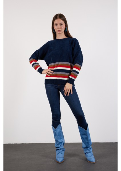 Kadın Koyu Laci Çizgili Bisiklet Yaka Şönil Kadife Triko Kazak