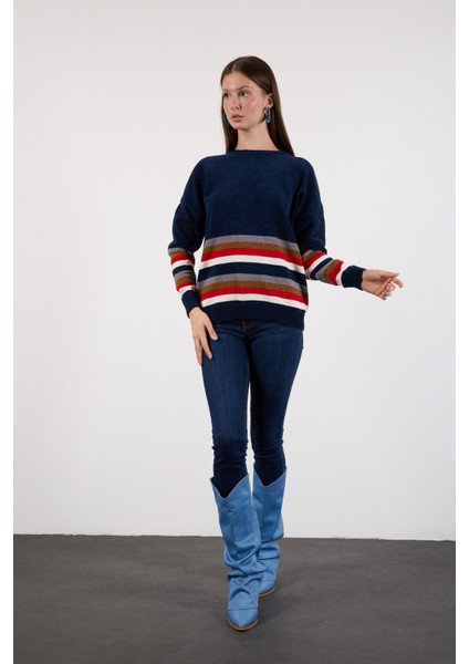 Kadın Koyu Laci Çizgili Bisiklet Yaka Şönil Kadife Triko Kazak