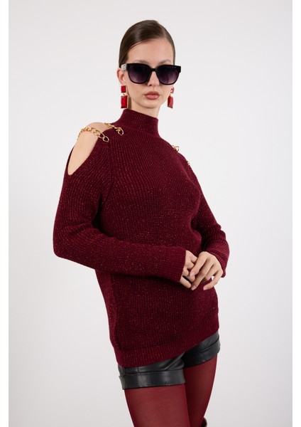 Kadın Bordo Zincir Detaylı Omuz Dekolteli Yarım Balıkçı Yaka Simli Triko Kazak fiyatları