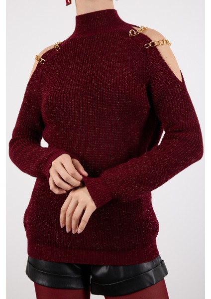 Kadın Bordo Zincir Detaylı Omuz Dekolteli Yarım Balıkçı Yaka Simli Triko Kazak indirimleri