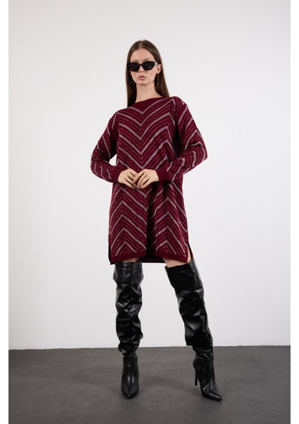 Kadın Bordo Yan Yırtmaçlı Bisiklet Yaka Sim Desenli Triko Bluz fırsatları